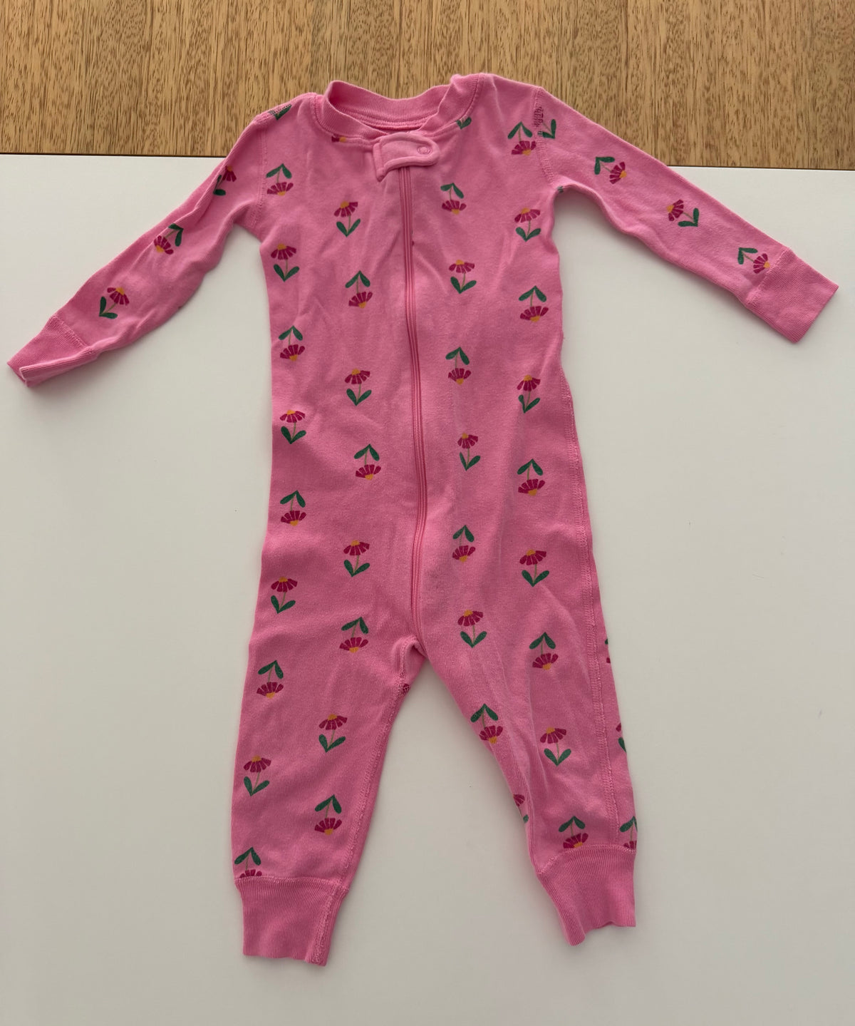 #117, Girls 24M/size 80, Hanna Andersson pink flower zip up pajamas, GUC