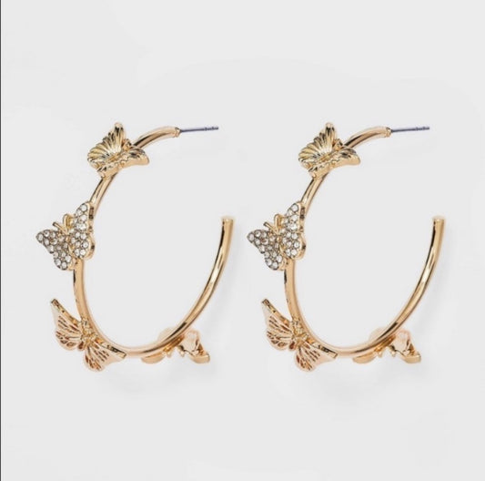 #116 SugarFix BaubleBar Gold Crystal Wings Butterfly Hoop Embellished Earrings NWT