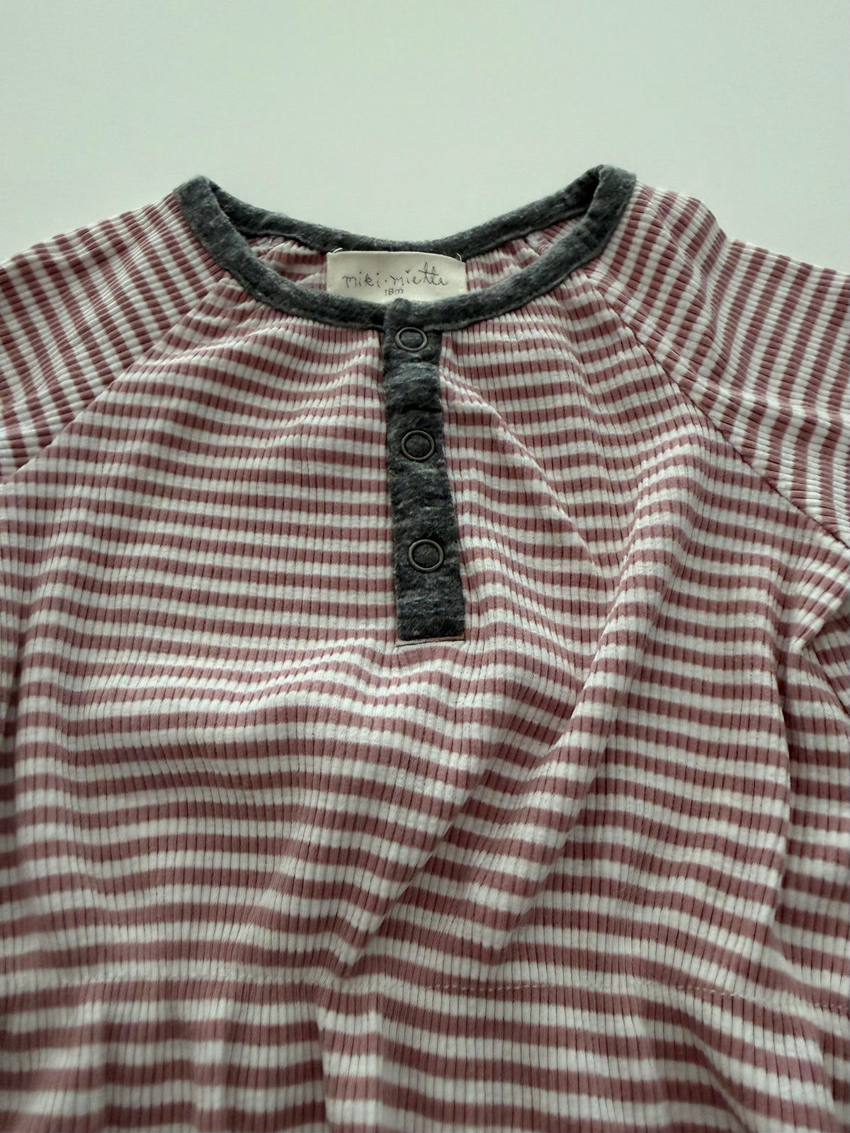 #117, Girls 18M, Miki Miette mauve & cream striped ribbed bubble romper/bodysuit, VGUC