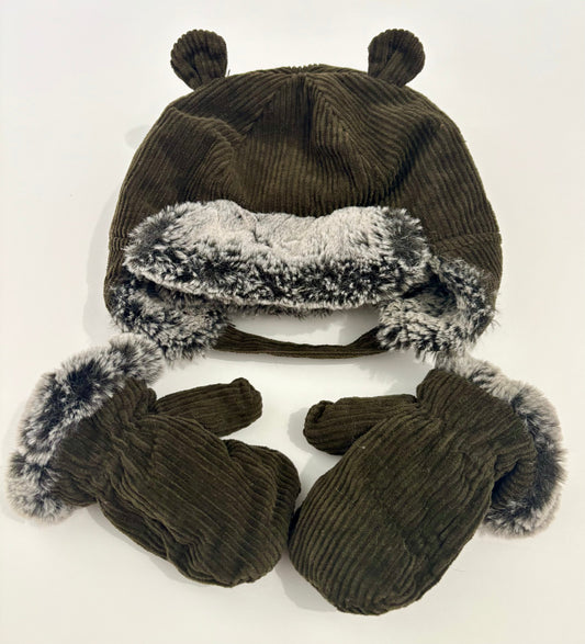 #132 - Baby Boy's Dark Green Corduroy Bear Ears Hat & Matching Mitten Set - Size 0-12M