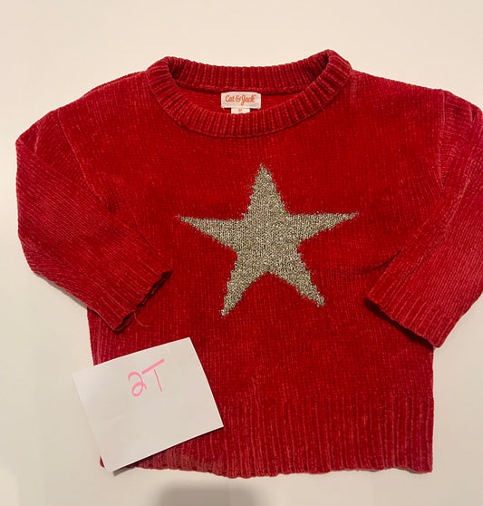 #32 Girls 2T red sweater with sparkly gold star