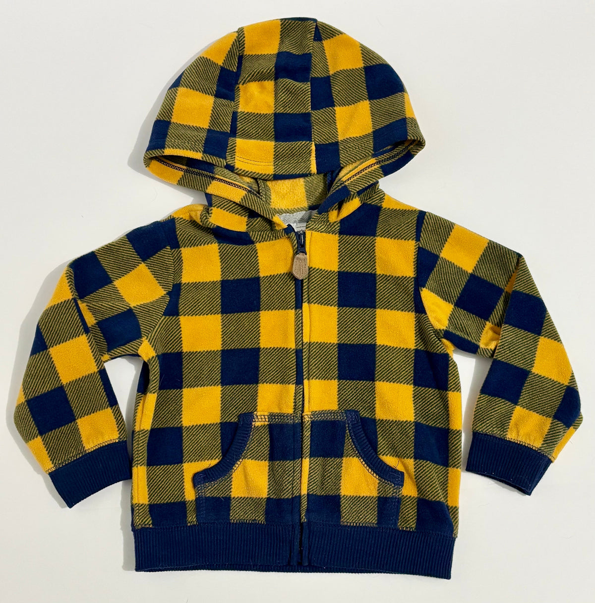 #132 - REDUCED - Carter's: Boy's Yellow/Blue Plaid Zip-Up Fleece Hoodie Jacket - Size 18M
