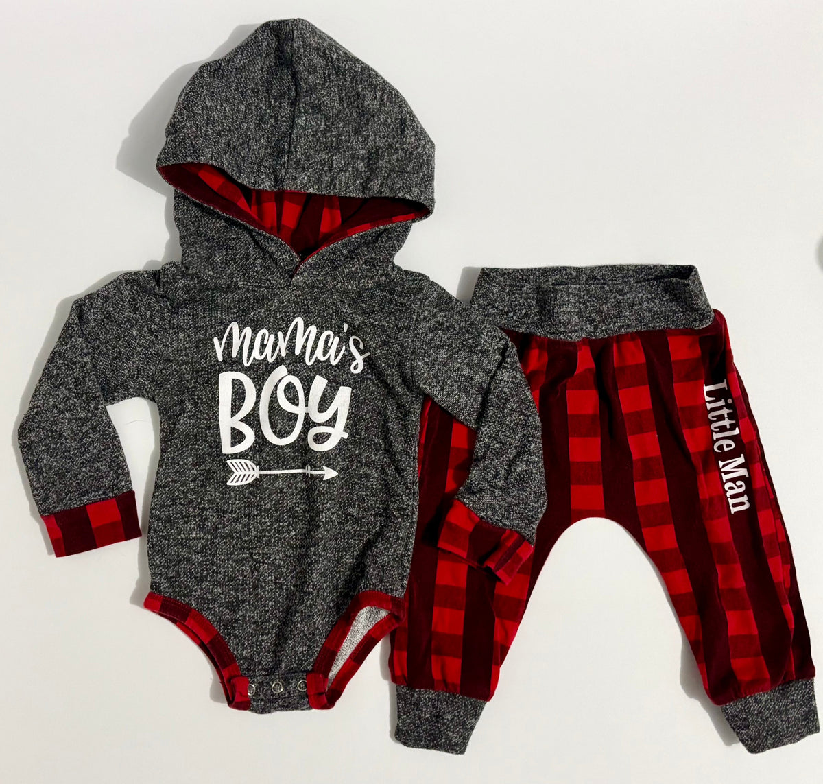 #132 - REDUCED - Mama's Boy/Little Man Hooded Bodysuit & Matching Pants Set - Size 9-12M