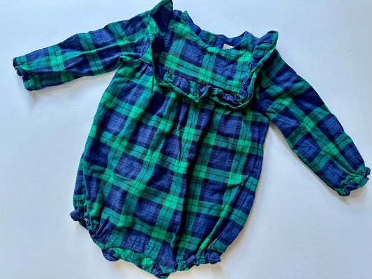 #104 Janie and Jack green/navy plaid romper girl 12-18 months, bow detail on back