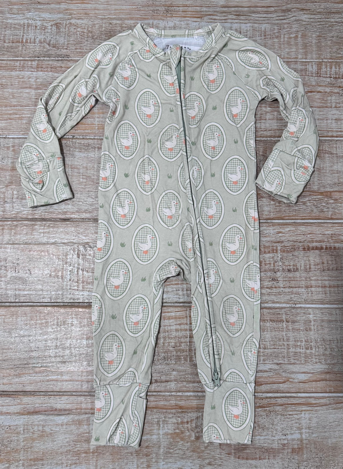 #108 Jammers Bamboo Zipper Romper - Green Little Goose 9-12M