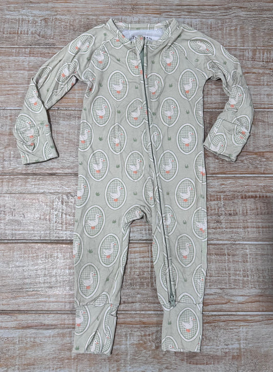 #108 Jammers Bamboo Zipper Romper - Green Little Goose 9-12M