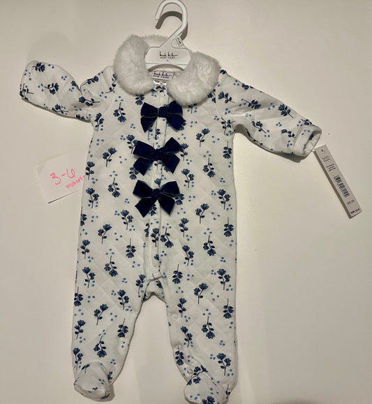#32 Girls 3-6 month NWT Nicole Miller fleece blue and white footie  *reduced*