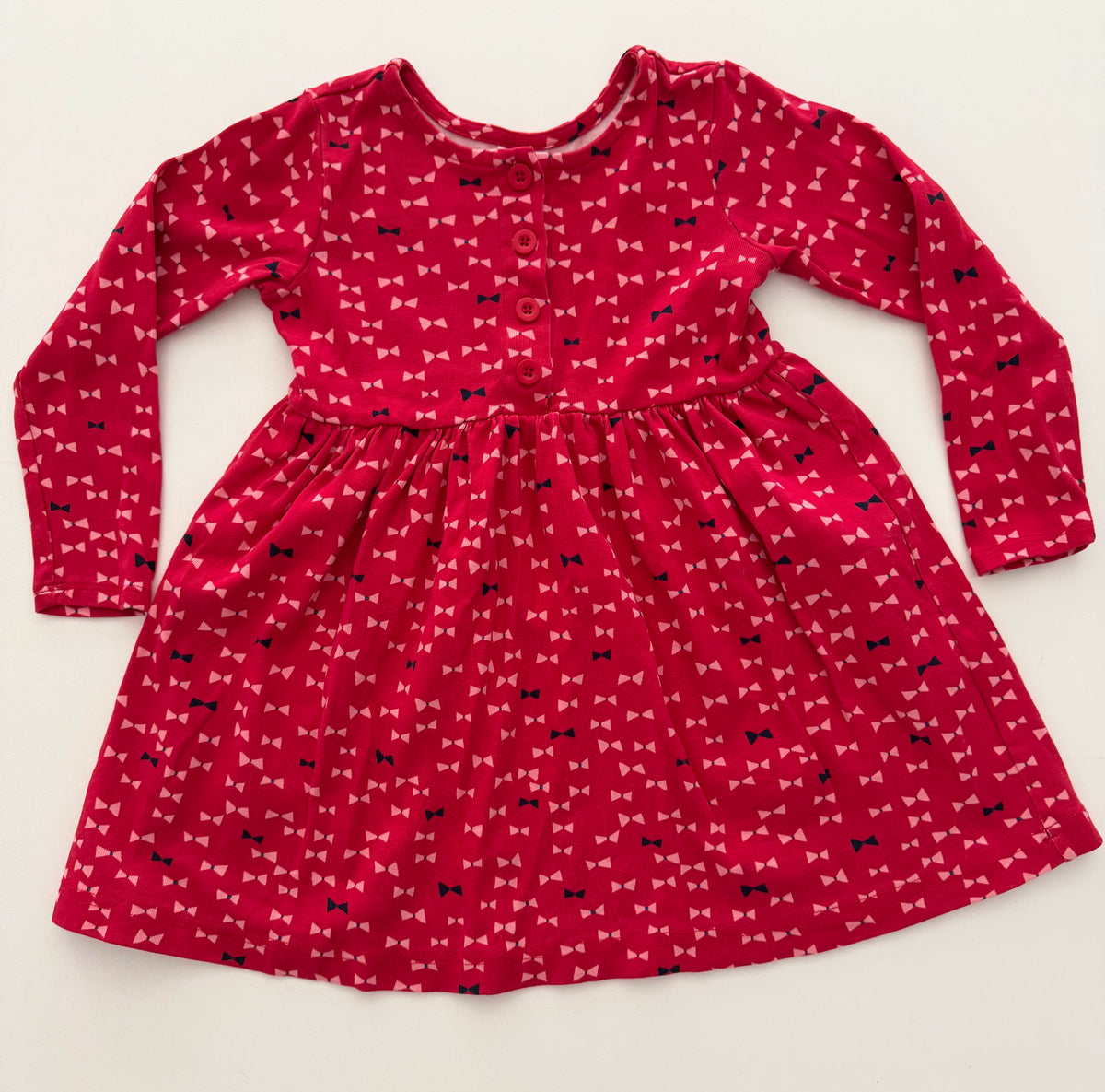 #117, Girls 4T/size 100, Hanna Andersson red bow tie print dress, EUC