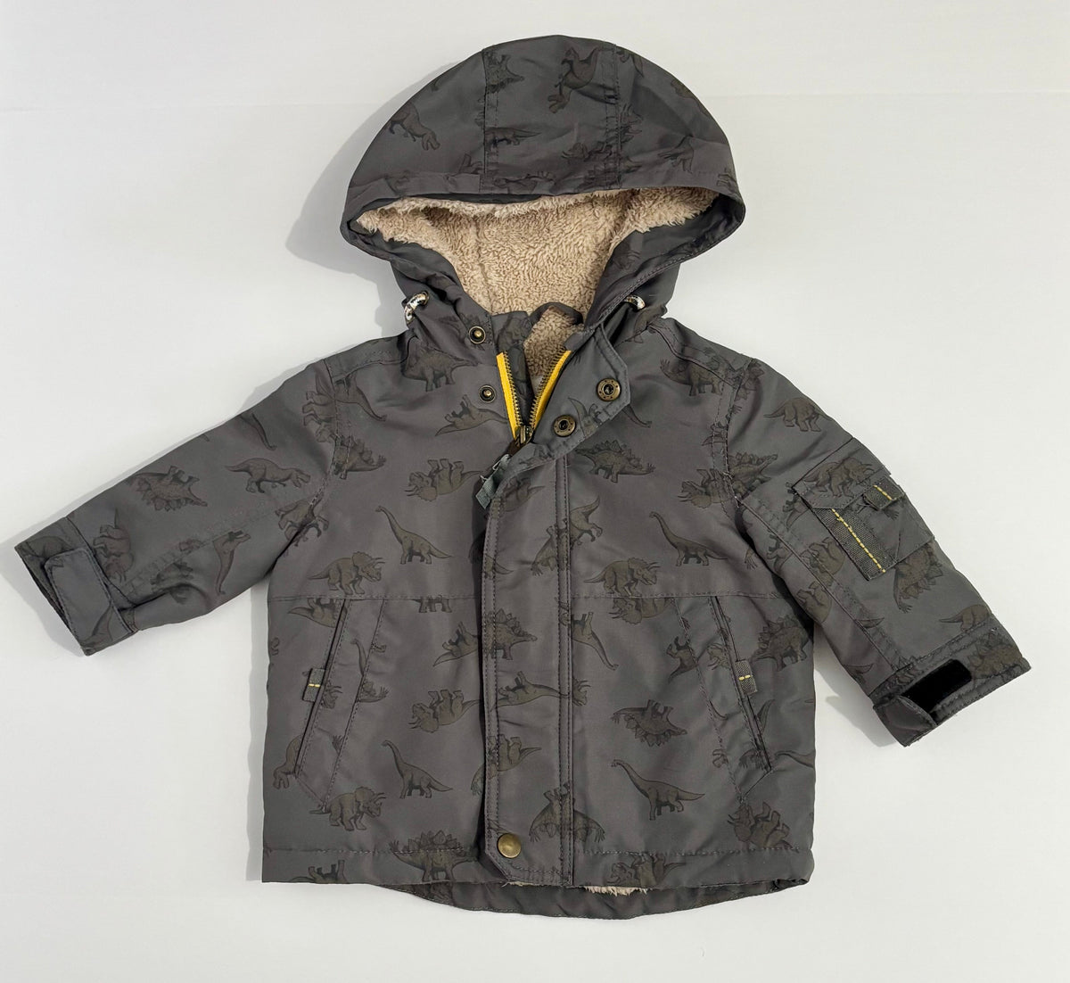 #132 - Starting Out : Sherpa-Lined Grey Hooded DInosaur Coat - Size 12M