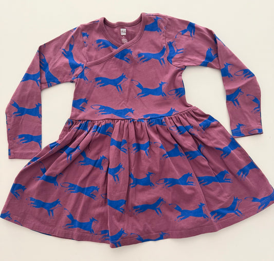 #117, Girls 4T, Tea burgundy fox print dress, VGUC