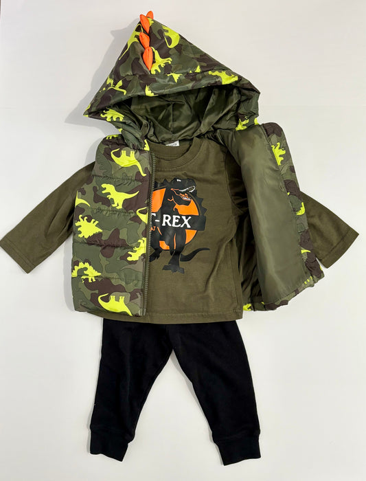 #132 - Boy's Dinosaur Outfit (pants, long-sleeve shirt, hooded camo/dino puffer vest) - Size 12M