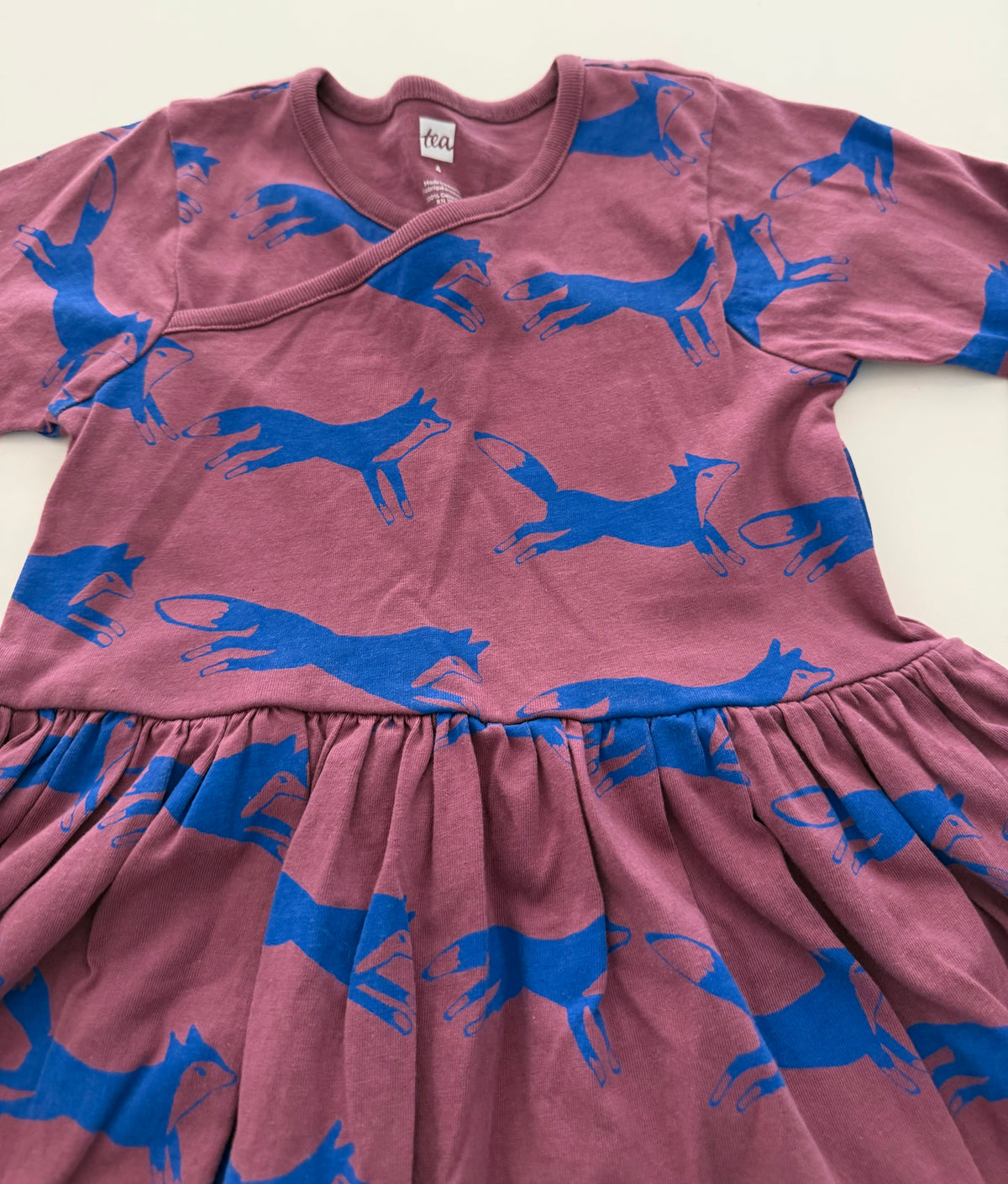 #117, Girls 4T, Tea burgundy fox print dress, VGUC