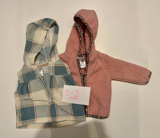 #32 girls 0-3 month pink fleece jacket and vest  *reduced*