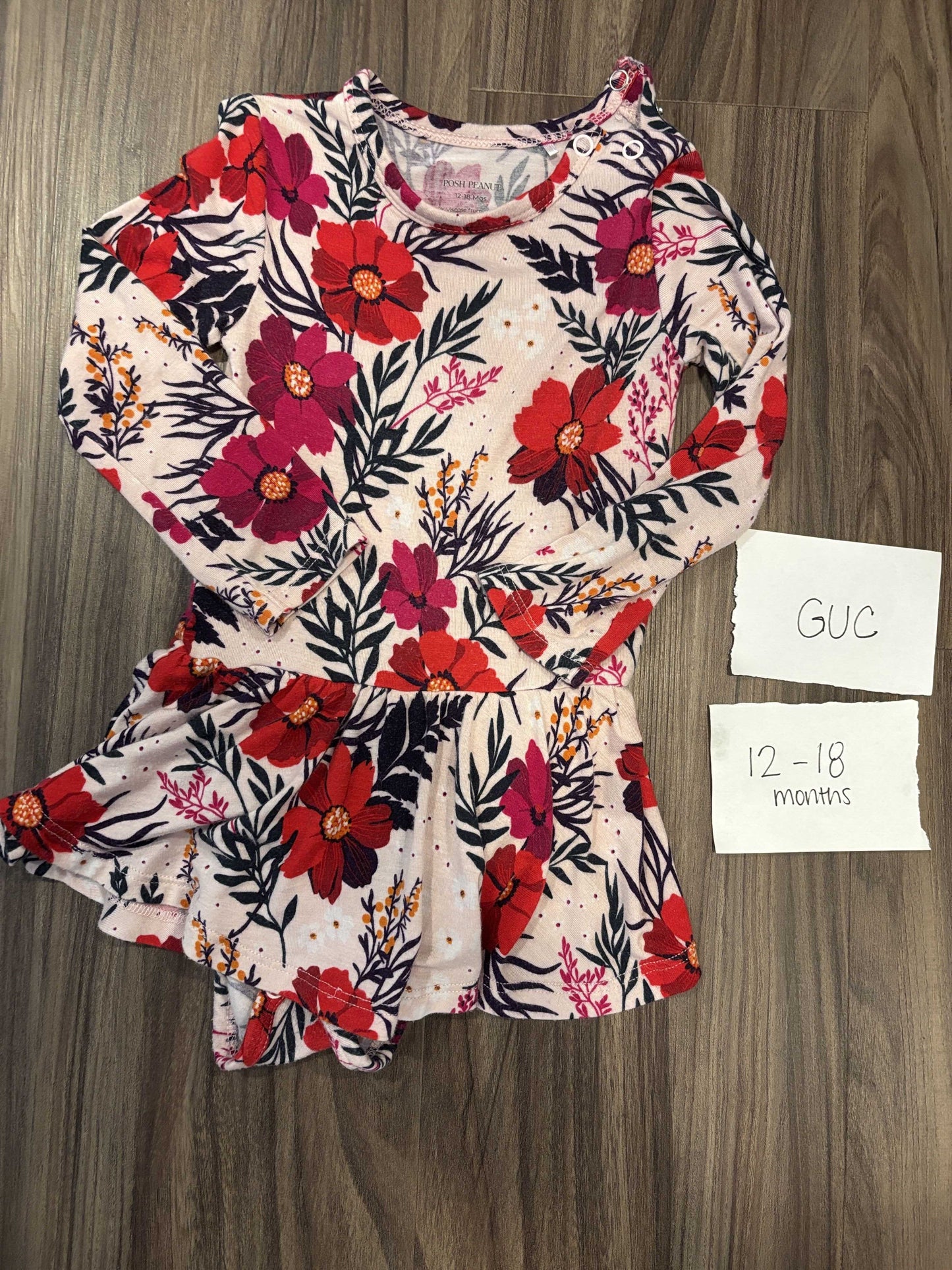 #138 - 12-18 Mo - Posh Peanut (Bamboo ) Red Floral LS Bodysuit Twirl GUC