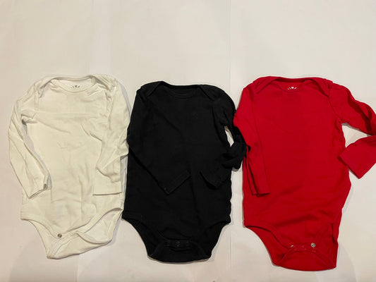 #126 Primary 12-18m Set 3 LS Bodysuits (White, Black, Red) EUC