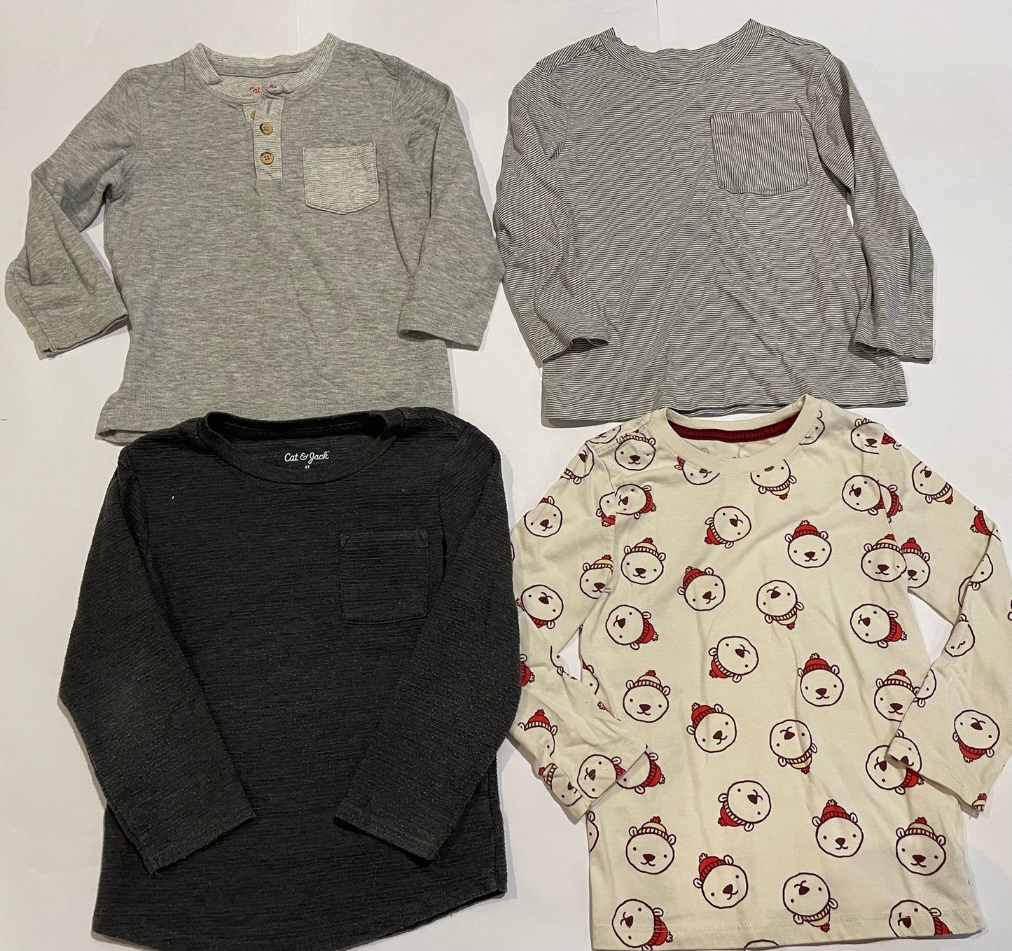 #126 Boys Cat & Jack 4T Set of 4 LS Shirts (3 Gray & Bear) GUC