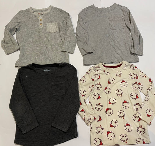 #126 Boys Cat & Jack 4T Set of 4 LS Shirts (3 Gray & Bear) GUC
