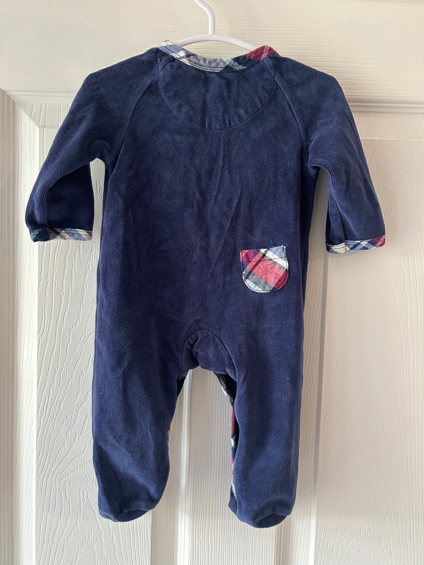 #63 footed outfit with puppy pattern and velour fabric size 0-3 months