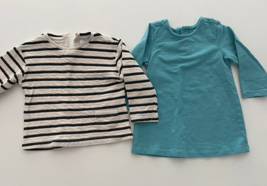 #117, Girls 12M, Zara black/cram stripe shirt & Primary blue shirt, GUC
