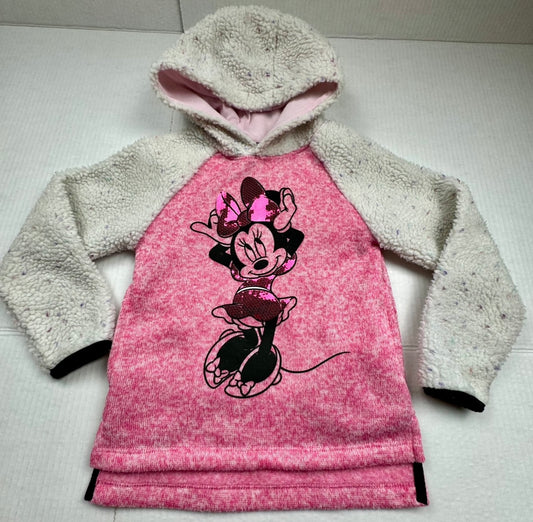 Girls Disney Size 5 Minnie Mouse Pink and White Hoodie Pull Over Sweatshirt EUC
