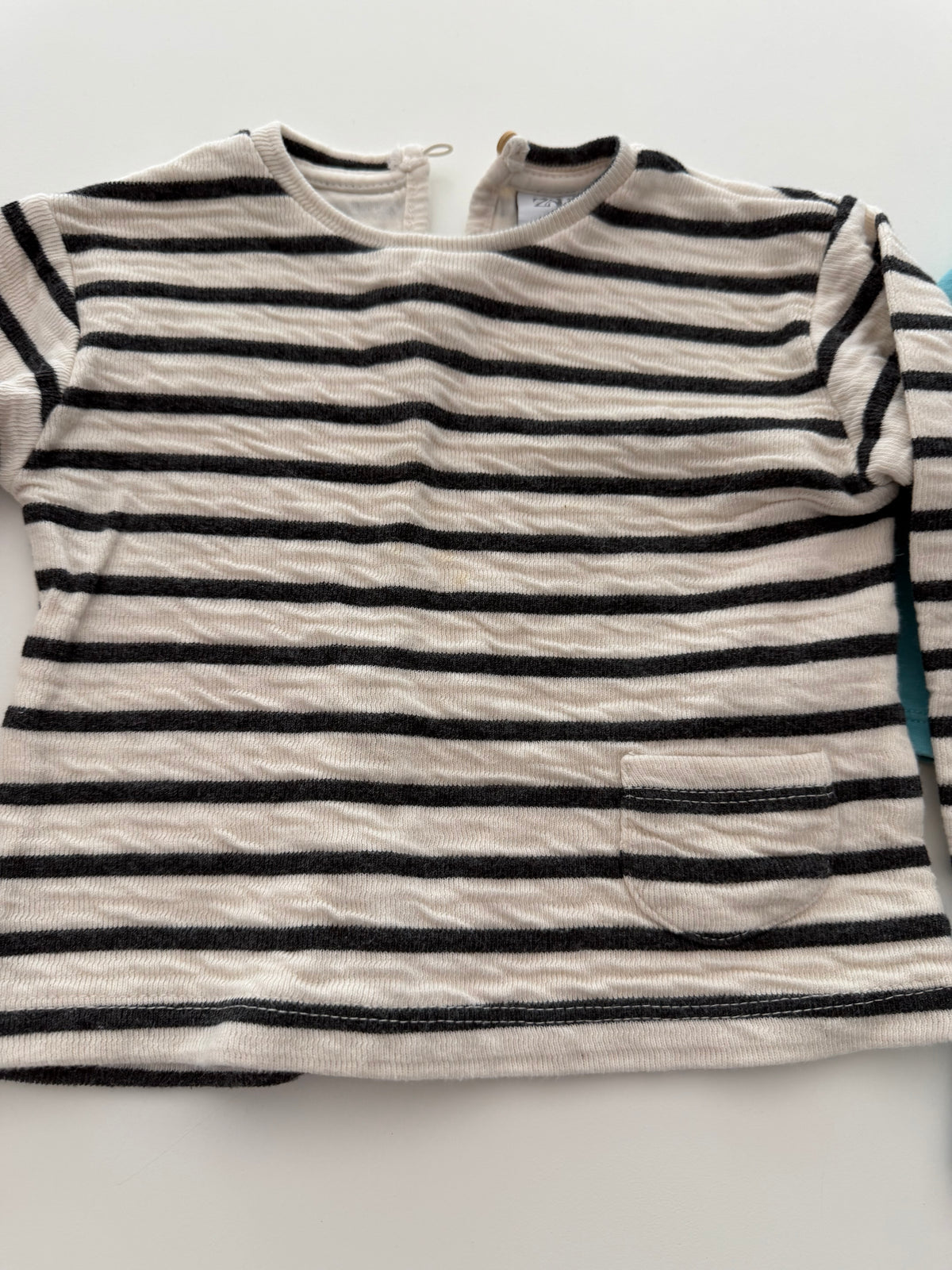 #117, Girls 12M, Zara black/cram stripe shirt & Primary blue shirt, GUC