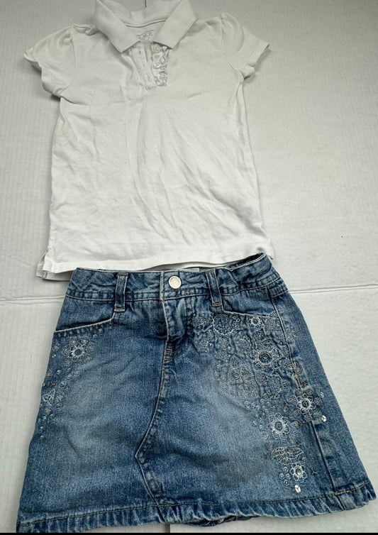 Girls Size 4T Jean Skirt / Skort with White Place Top EUC