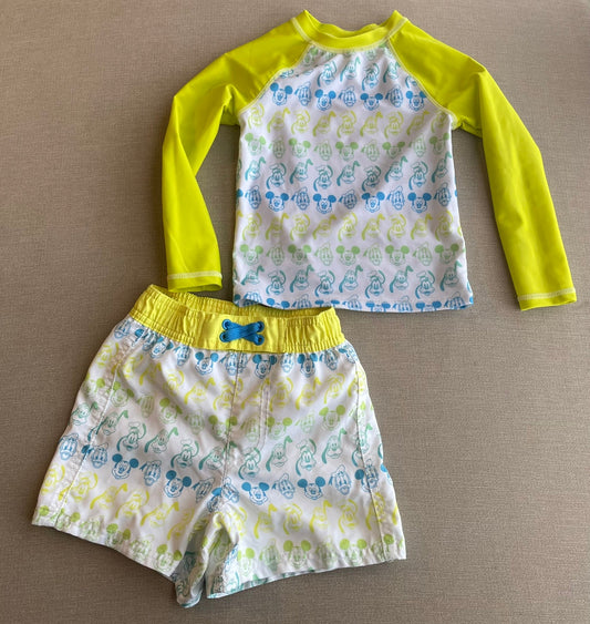 Seller #12 Disney Store | Boys Blue and Neon Green Mickey, Pluto, Donald, and Goofy Print Swim Shirt and Shorts | Size 3t