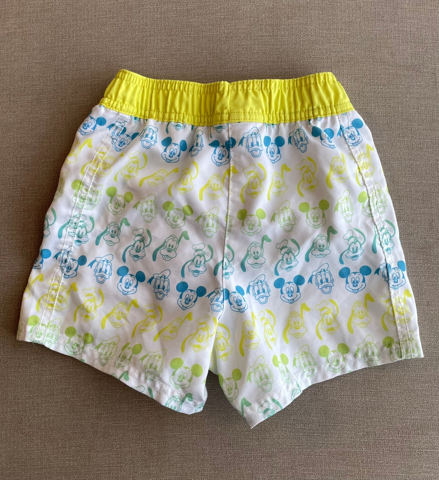 Seller #12 Disney Store | Boys Blue and Neon Green Mickey, Pluto, Donald, and Goofy Print Swim Shirt and Shorts | Size 3t
