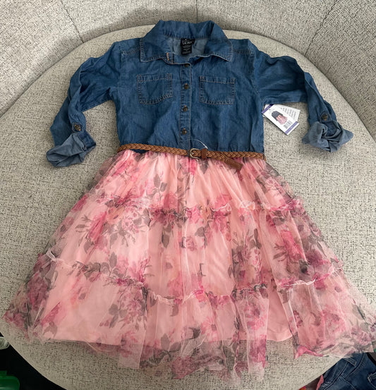 #77 NWT Denim & Tulle Dress With Belt, Size 10 (#1)