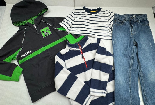 Boys Size 7/8 (4) pieces Minecraft Hoodie Sweatshirt, 1/4 zip pull over, 7X Reg Sonoma Jean and Strip Tee T-Shirt EUC