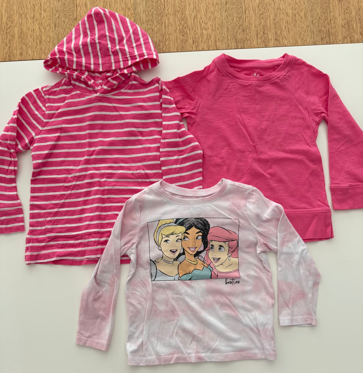#117, Girls 3T, Primary pink striped hoodie & sweatshirt, Disney pink princess shirt bundle, VGUC