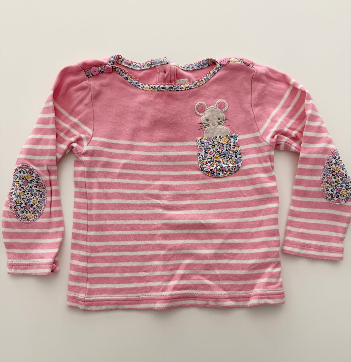 #117, Girls 4T, JoJo Maman Bebe pink striped mouse shirt, GUC