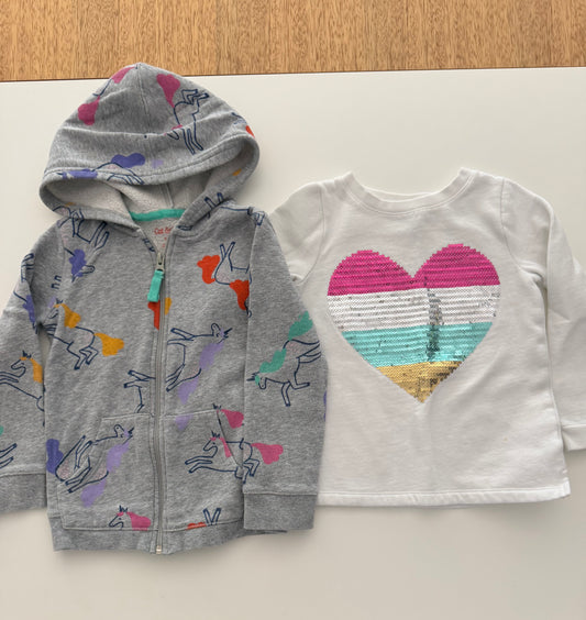 #117, Girls 5, Cat & Jack unicorn zip up hoodie & Carter’s heart sweatshirt, GUC