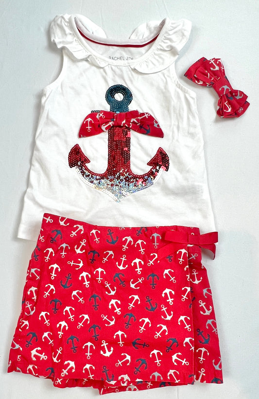 Girls Size 4 Anchor 3 Piece Outfit EUC - Sequence Flip Anchor Shirt, red Anchor Pattern Skort/Shirt Bottoms and Hair Box