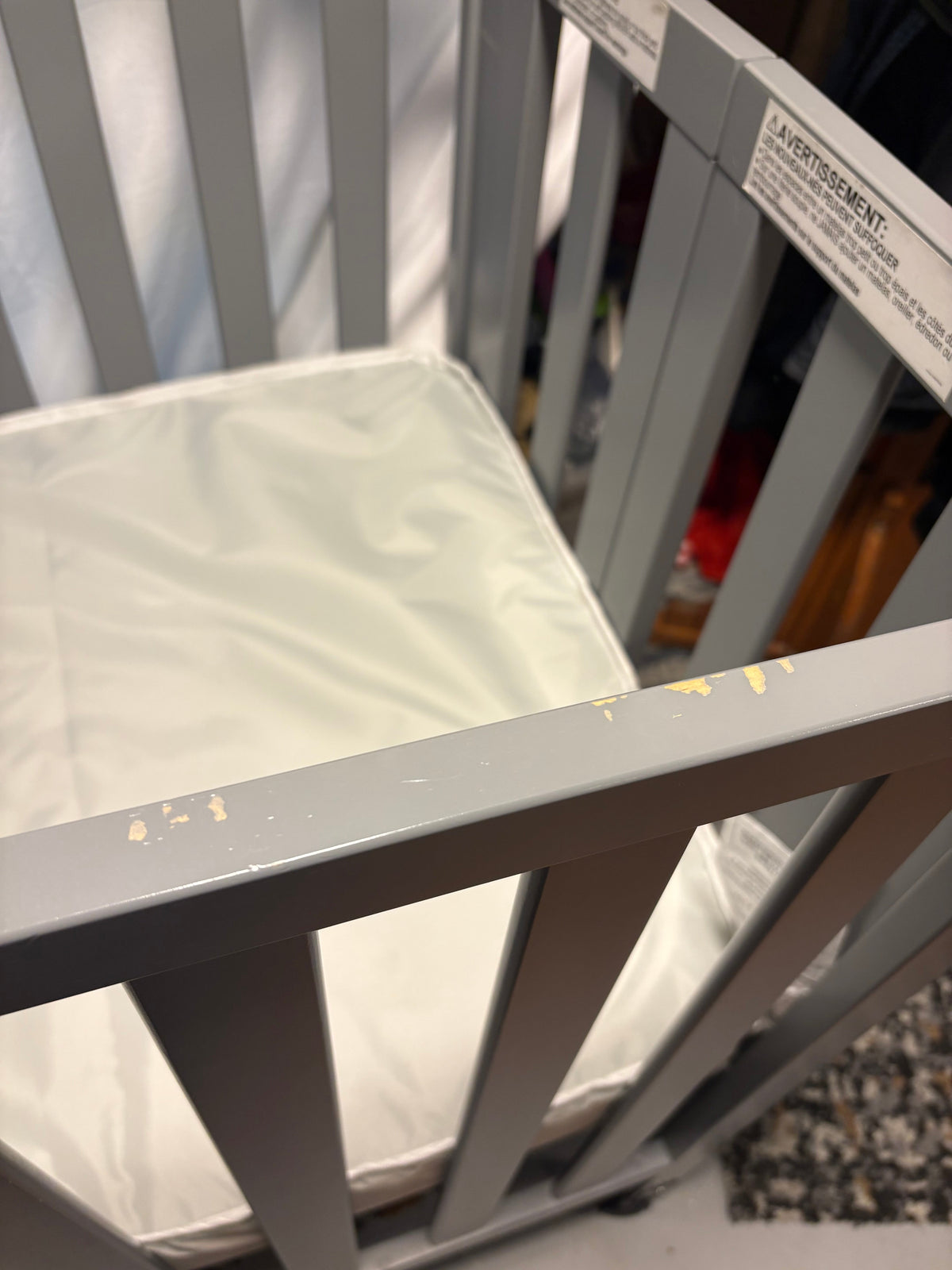 #34 Grey Delta Mini foldable crib with thick mattress