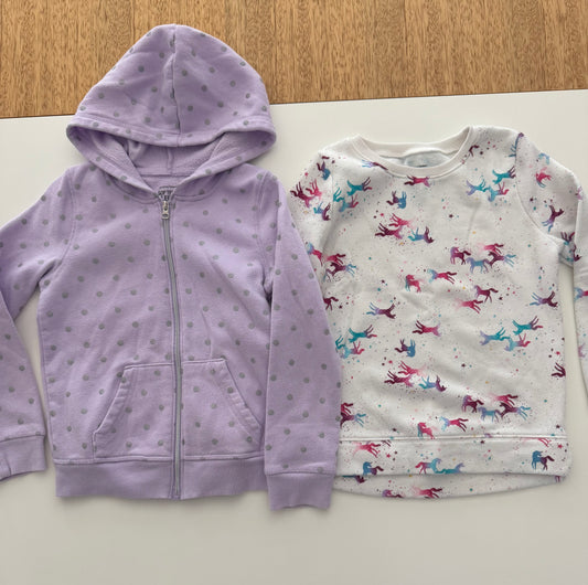 #117, Girls 6, Jumping Beans softest fleece purple zip up hoodie and unicorn sweatshirt, GUC