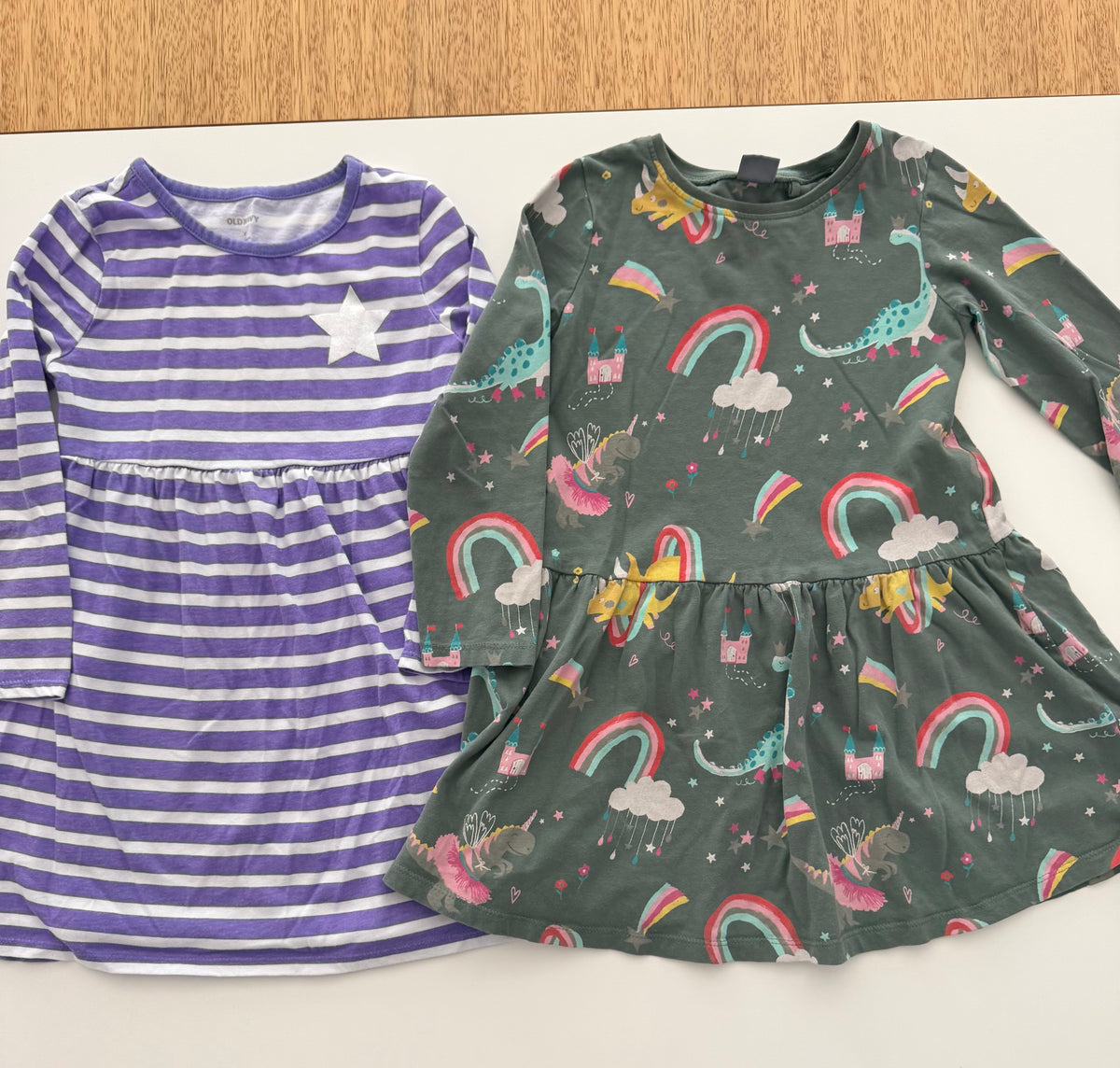 #117, Girls 5, Next green unicorn dinosaur dress & ON purple striped dress,GUC