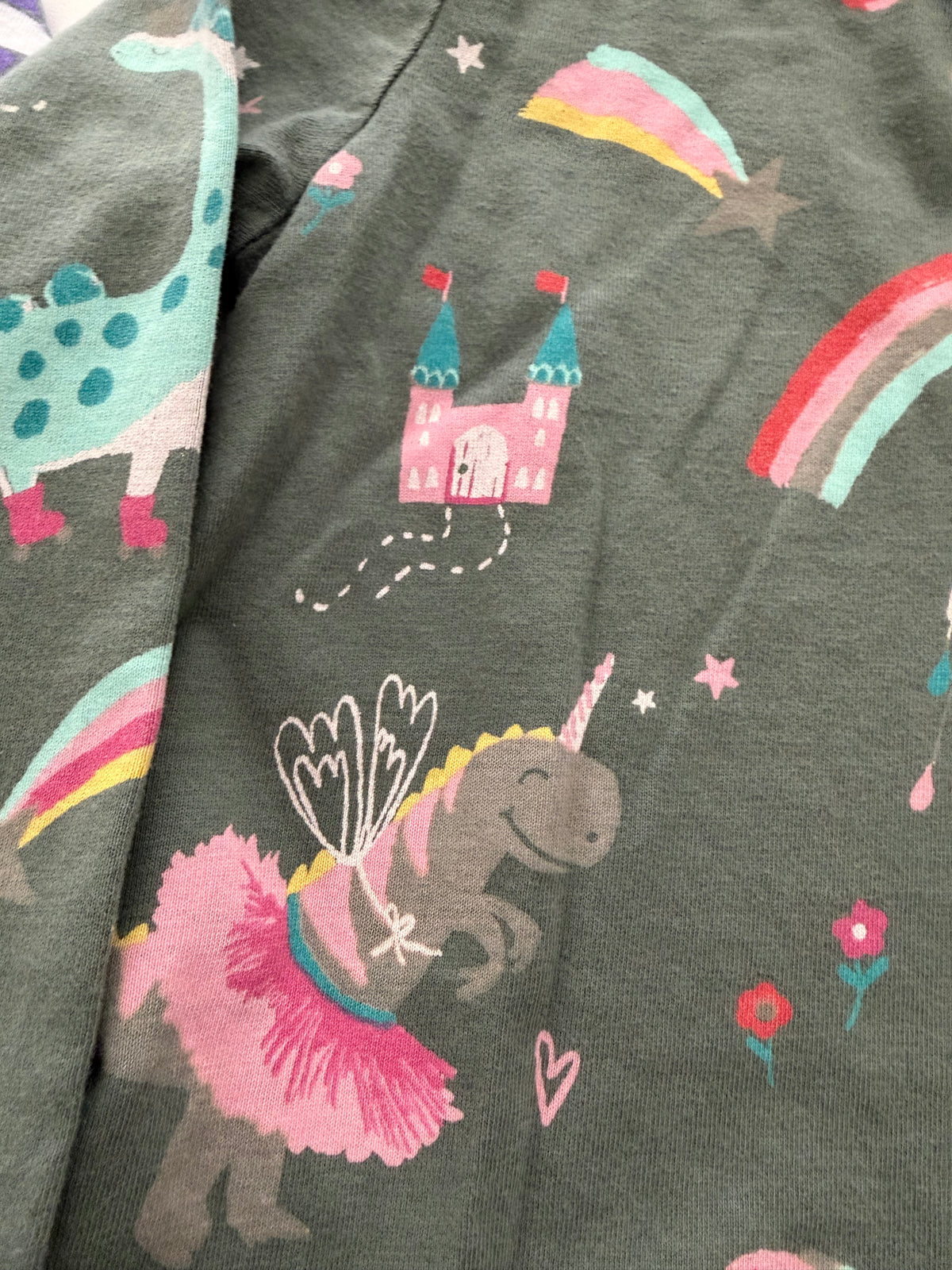 #117, Girls 5, Next green unicorn dinosaur dress & ON purple striped dress,GUC