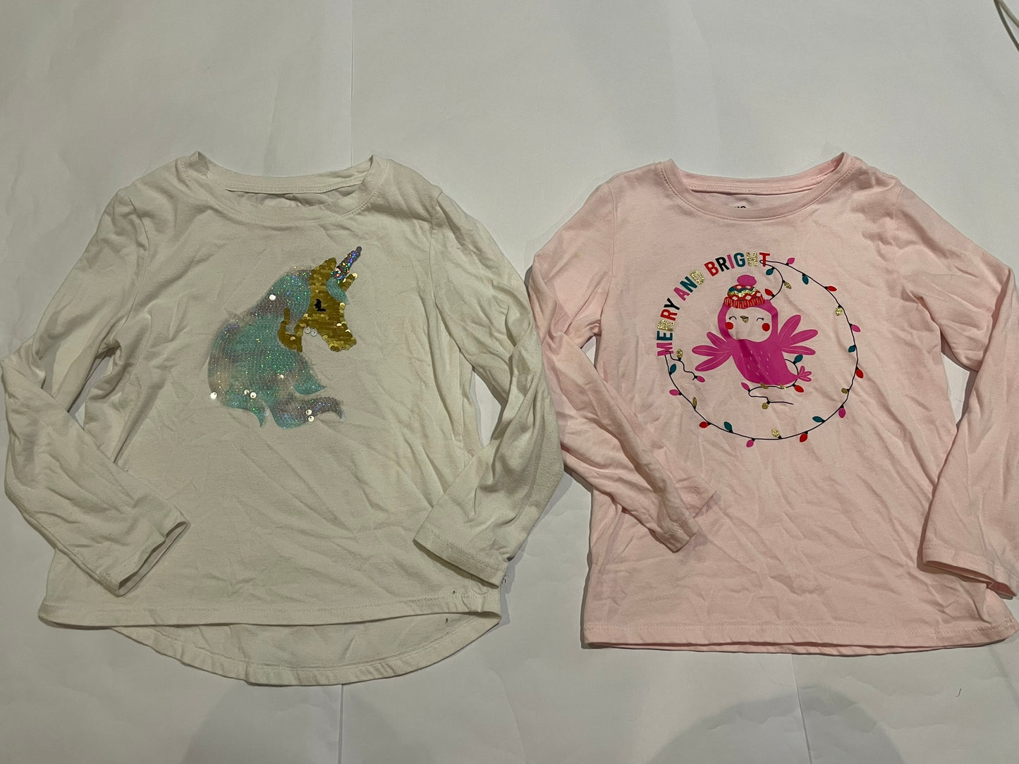 #126 Girls S (6-7) Set 2 LS Sshirts (Sequin Flip unicorn & Bird) GUC