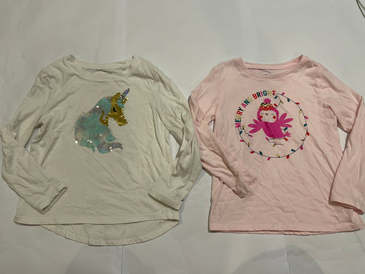 #126 Girls S (6-7) Set 2 LS Sshirts (Sequin Flip unicorn & Bird) GUC