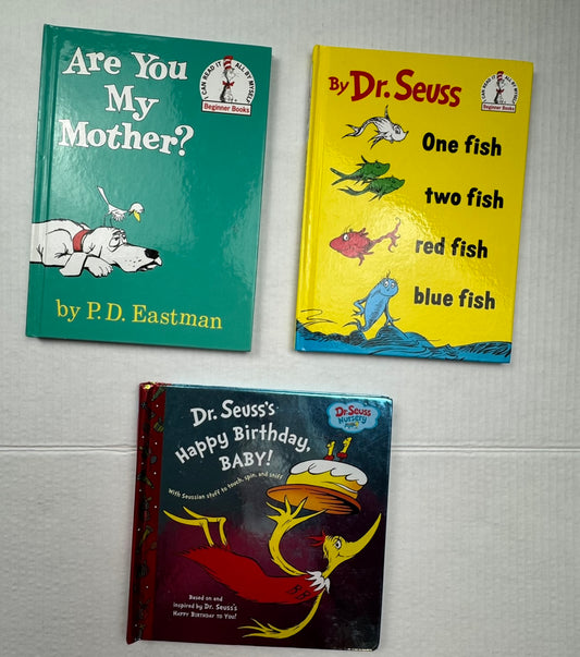 (3) Hardboard Books: Dr. Seuss One Fish Two Fish, Are You My Mother? Happy Birthday Baby Moving Pages EUC
