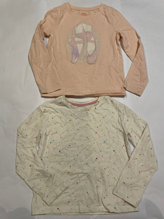 #126 Girls Cat & Jack S (6-7) Set 2 LS Shirts (Ballet Shoes & White w/ Stars) EUC