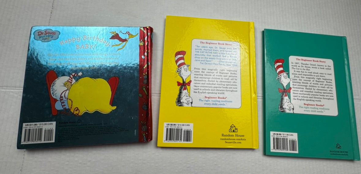 (3) Hardboard Books: Dr. Seuss One Fish Two Fish, Are You My Mother? Happy Birthday Baby Moving Pages EUC