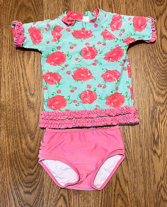 Ruffle Butts Girls 2T Bathing Suit - Pink / Green with Flowers