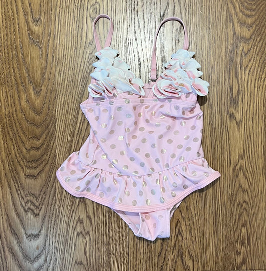 Girls 3T Pink Polka Dot with Flowers at Top of Bathing Suit