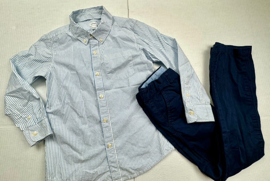 Boys Size 8 Long Sleeve Button Blue & White Stripe Dress Shirt EUC & Navy Khaki Adjustable Waist Pants EUC