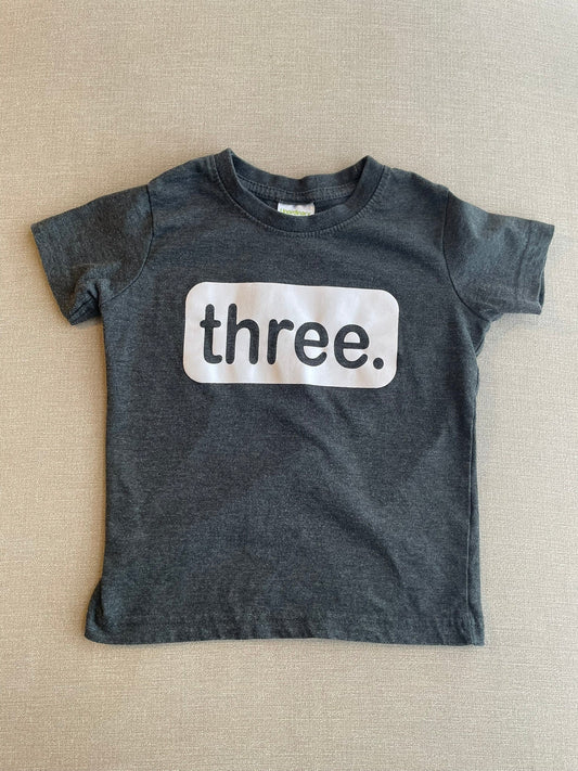 *REDUCED* Seller #12 | Gender Neutral | Dark Gray with White Graphic "three." | Size 3T