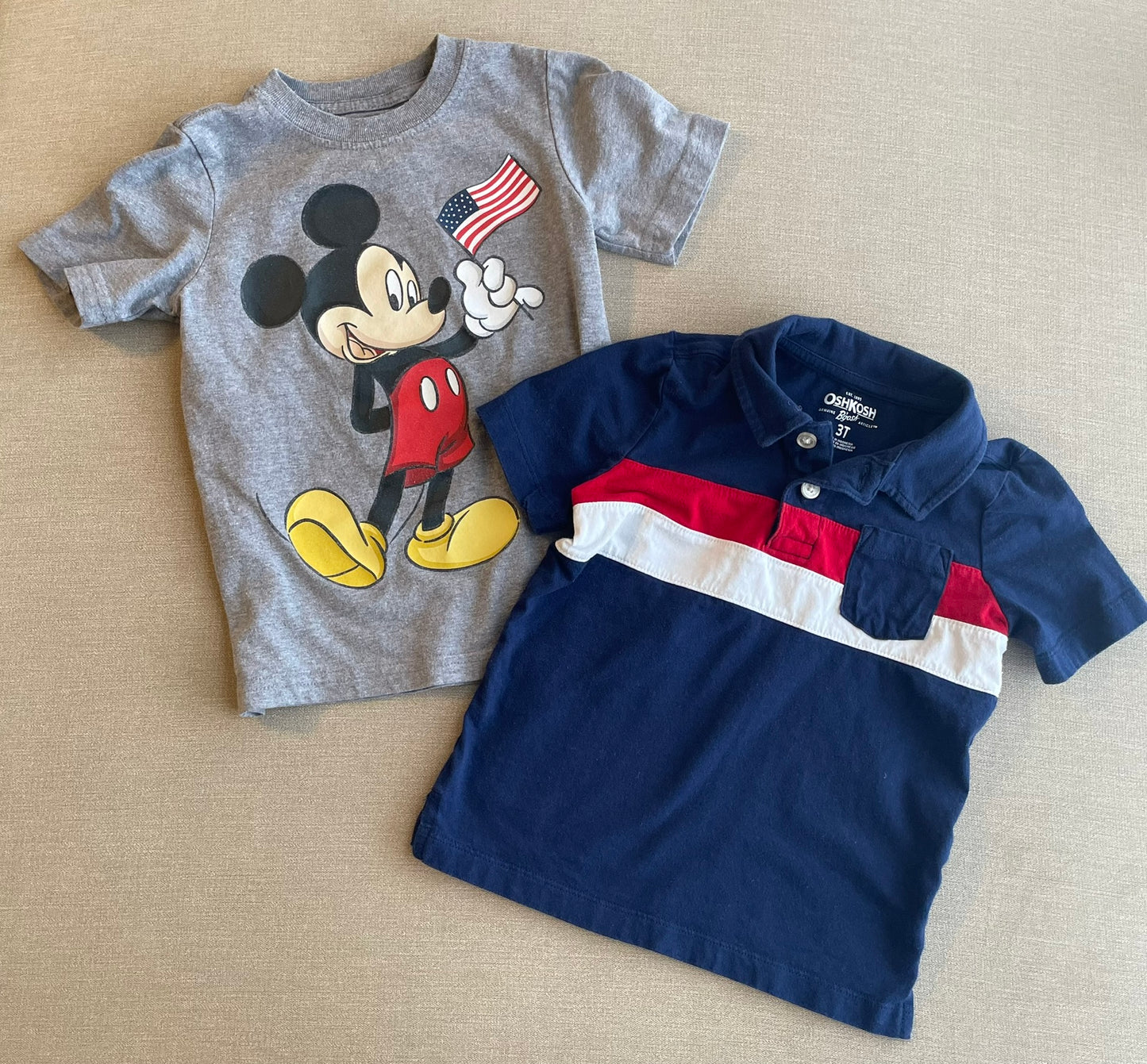Seller #12 | Boys | America / Fourth of July Bundle | Light Gray Mickey Mouse Tshirt holding an American Flag and OshKosh Red, White, and Navy Blue Polo | Size 3T
