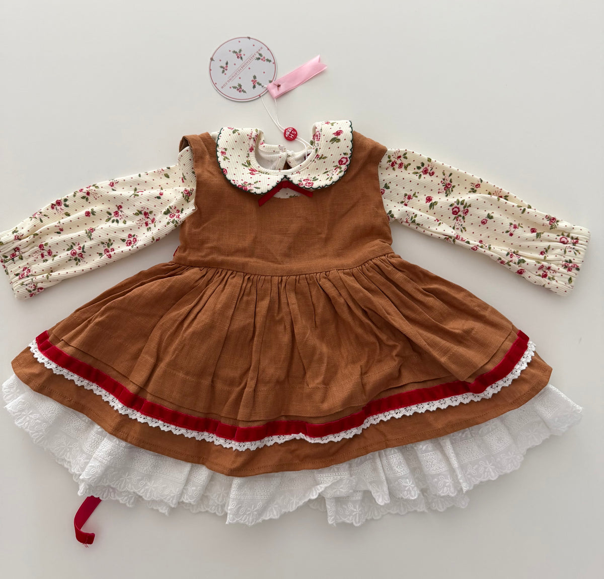 #117, Girls 18M, SweetHoney brown linen pinafore and cream floral shirt, New