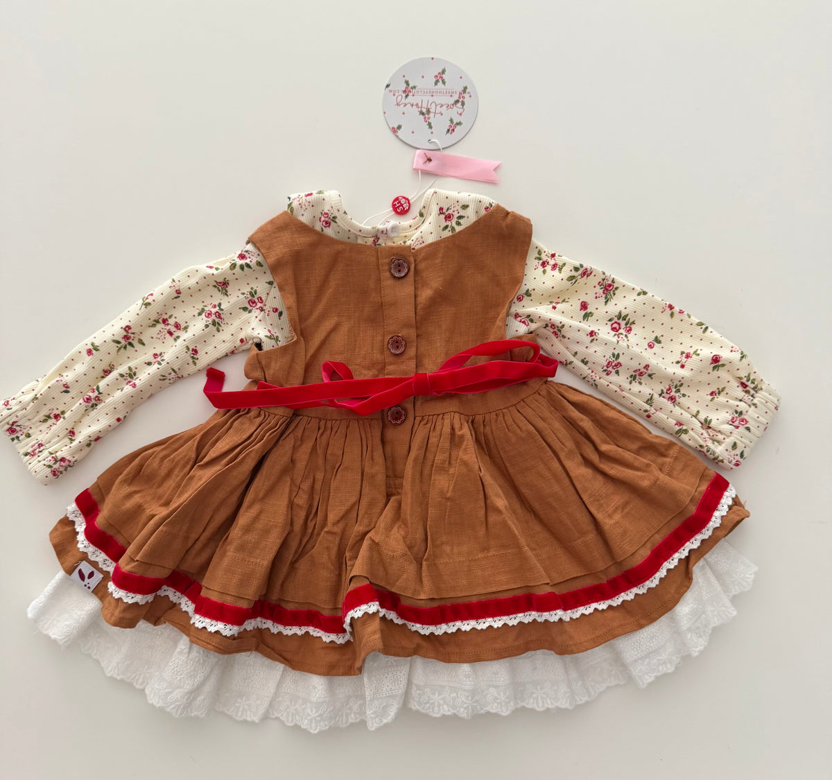 #117, Girls 18M, SweetHoney brown linen pinafore and cream floral shirt, New